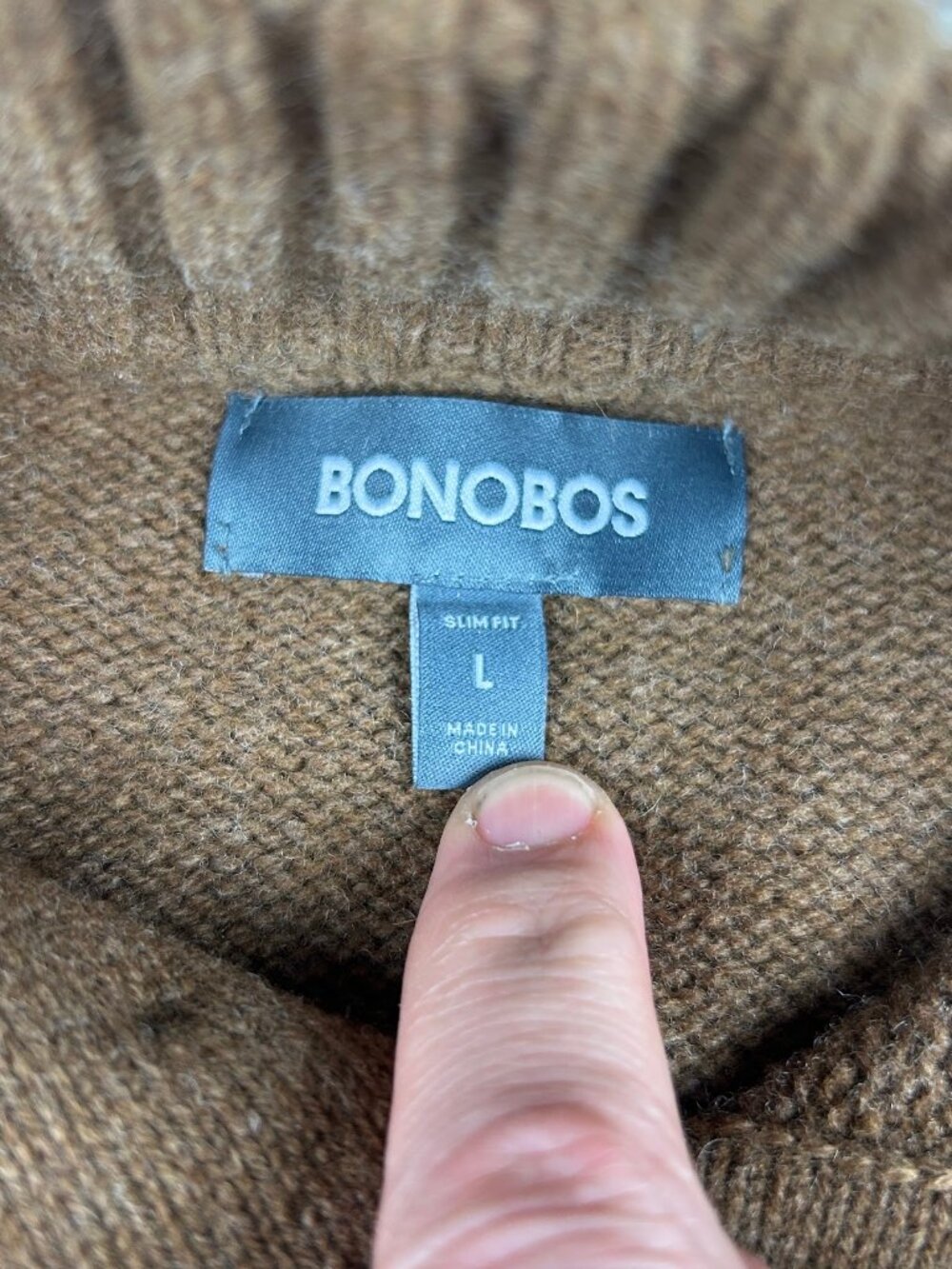 Bonobos Sweater Mens Large Slim Fit Brown Lambswool Mock Neck Button Placket